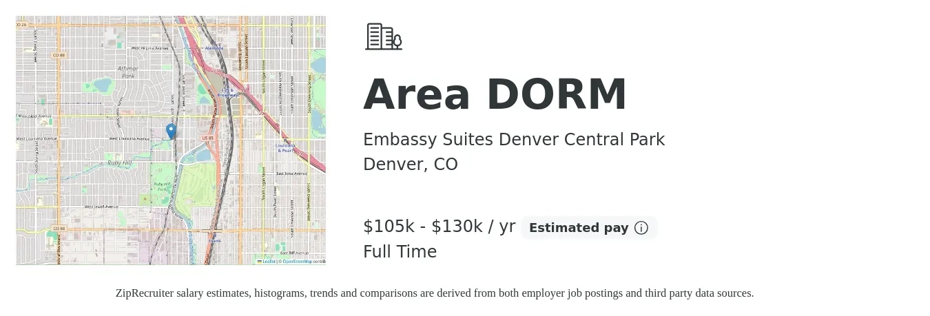 Embassy Suites Denver Central Park job posting for a Area DORM in Denver, CO with a salary of $105,000 to $130,000 Yearly with a map of Denver location.