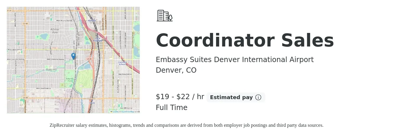 Embassy Suites Denver International Airport job posting for a Coordinator Sales in Denver, CO with a salary of $20 to $23 Hourly with a map of Denver location.