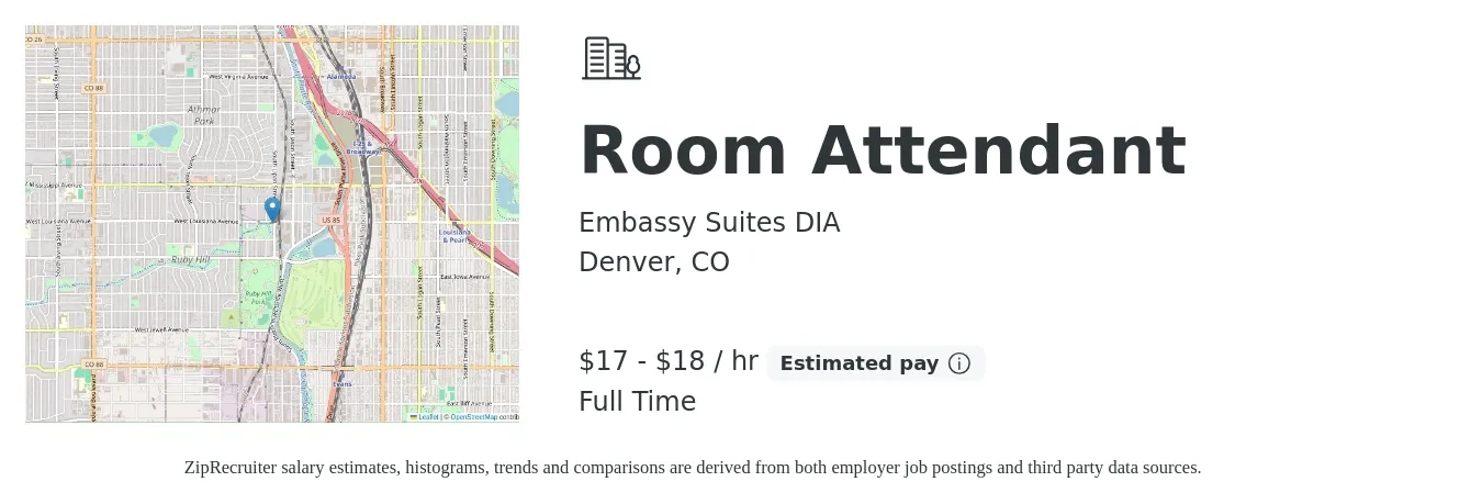 Embassy Suites DIA job posting for a Room Attendant in Denver, CO with a salary of $18 to $20 Hourly with a map of Denver location.