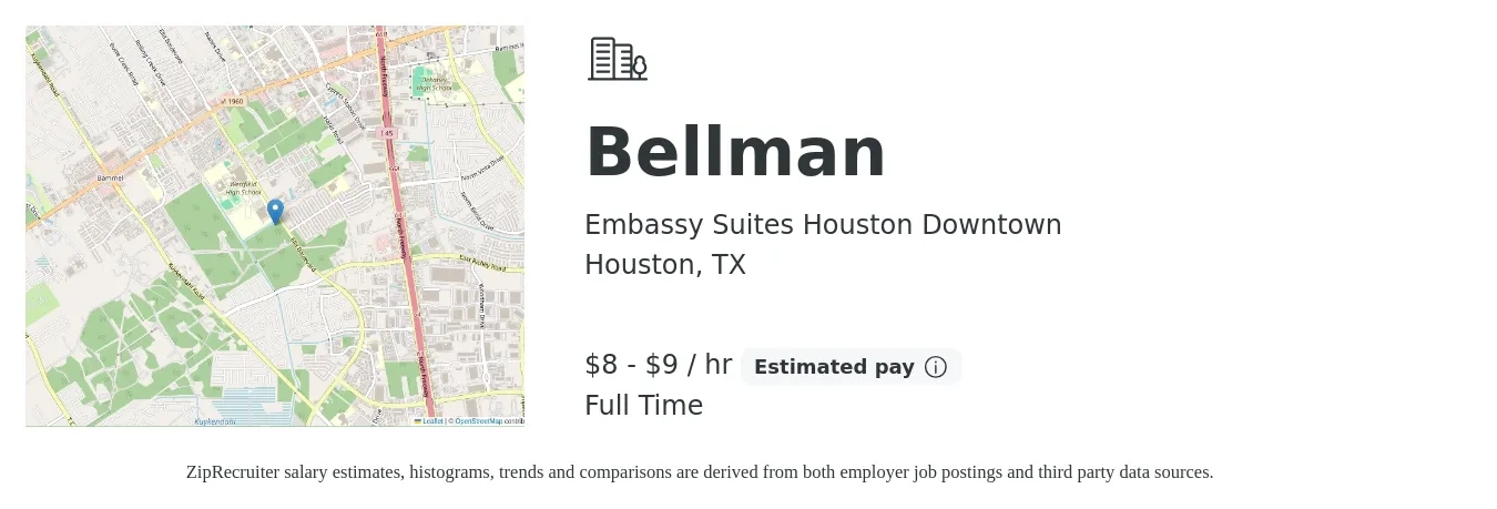 Embassy Suites Houston Downtown job posting for a Bellman in Houston, TX with a salary of $9 to $10 Hourly with a map of Houston location.