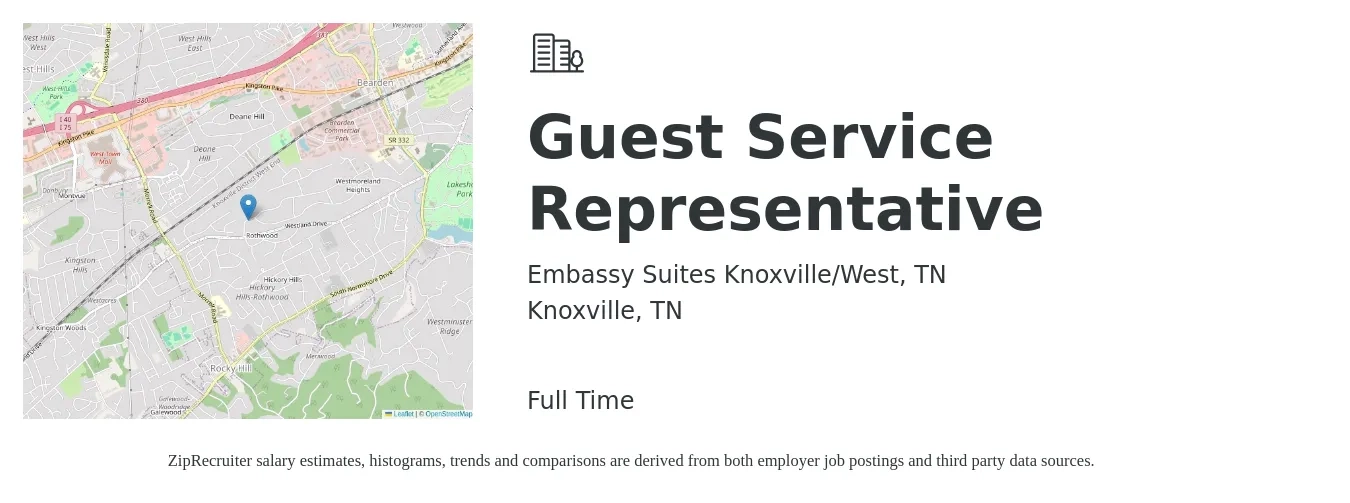 Embassy Suites Knoxville/West, TN job posting for a Guest Service Representative in Knoxville, TN with a salary of $13 to $16 Hourly with a map of Knoxville location.