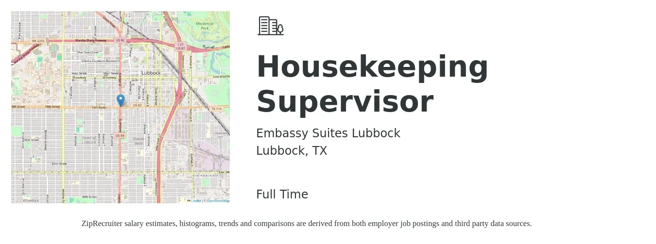 Embassy Suites Lubbock job posting for a Housekeeping Supervisor in Lubbock, TX with a salary of $14 to $20 Hourly with a map of Lubbock location.