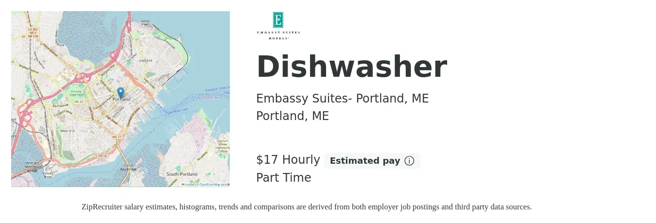 Embassy Suites- Portland, ME job posting for a Dishwasher in Portland, ME with a salary of $18 Hourly with a map of Portland location.