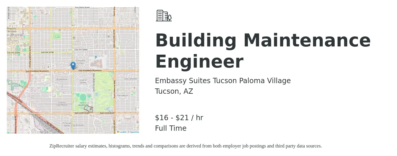 Embassy Suites Tucson Paloma Village job posting for a Building Maintenance Engineer in Tucson, AZ with a salary of $17 to $22 Hourly with a map of Tucson location.