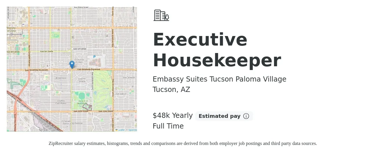 Embassy Suites Tucson Paloma Village job posting for a Executive Housekeeper in Tucson, AZ with a salary of $48,000 Yearly with a map of Tucson location.