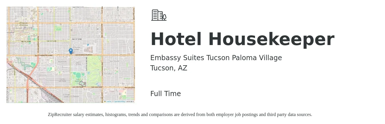 Embassy Suites Tucson Paloma Village job posting for a Hotel Housekeeper in Tucson, AZ with a salary of $13 to $17 Hourly with a map of Tucson location.