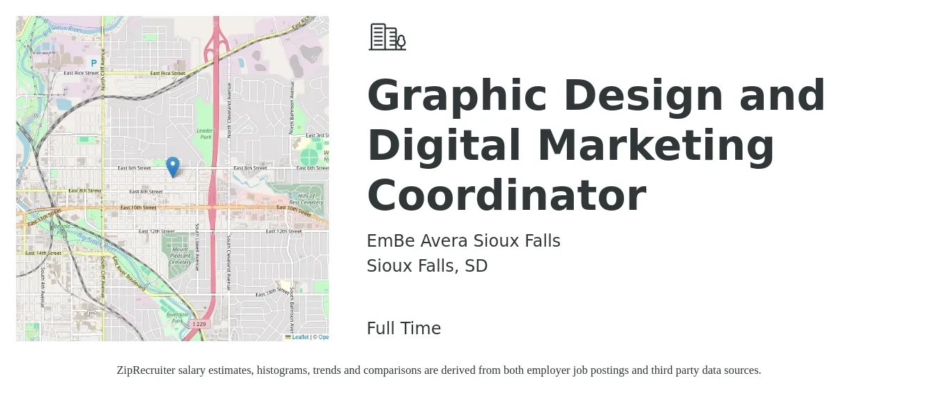 EmBe Avera Sioux Falls job posting for a Graphic Design and Digital Marketing Coordinator in Sioux Falls, SD with a salary of $44,300 to $58,200 Yearly with a map of Sioux Falls location.