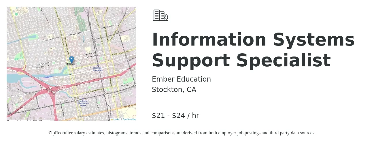 Ember Education job posting for a Information Systems Support Specialist in Stockton, CA with a salary of $22 to $25 Hourly with a map of Stockton location.