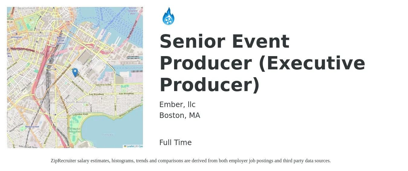 Ember, llc job posting for a Senior Event Producer (Executive Producer) in Boston, MA with a salary of $87,500 to $145,600 Yearly with a map of Boston location.