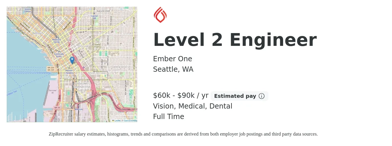 Ember One job posting for a Level 2 Engineer in Seattle, WA with a salary of $60,000 to $90,000 Yearly and benefits including life_insurance, medical, pto, retirement, vision, and dental with a map of Seattle location.