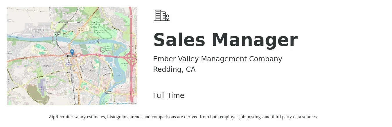 Ember Valley Management Company job posting for a Sales Manager in Redding, CA with a salary of $44,600 to $95,700 Yearly with a map of Redding location.