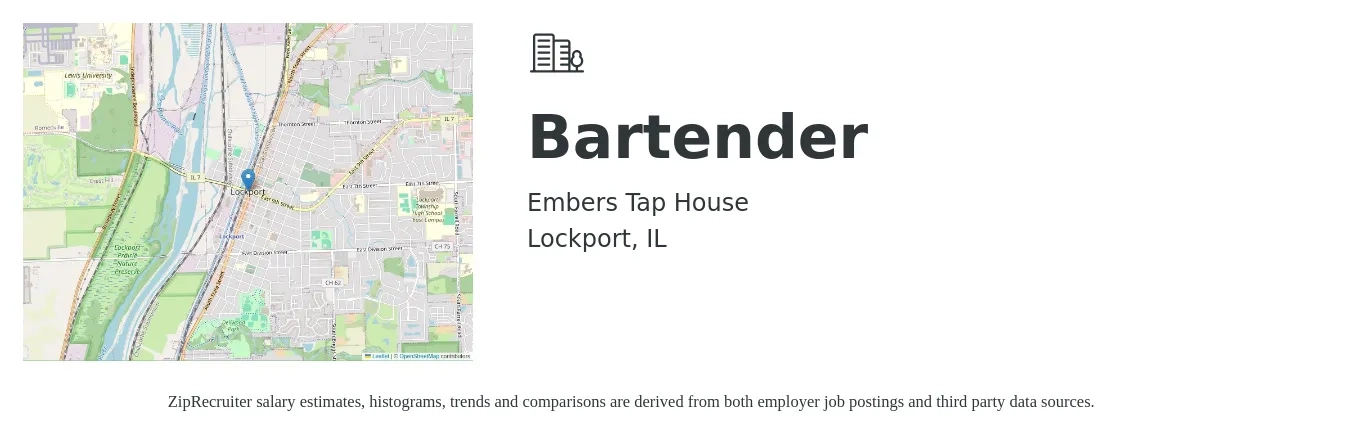 Embers Tap House job posting for a Bartender in Lockport, IL with a salary of $10 to $19 Hourly with a map of Lockport location.