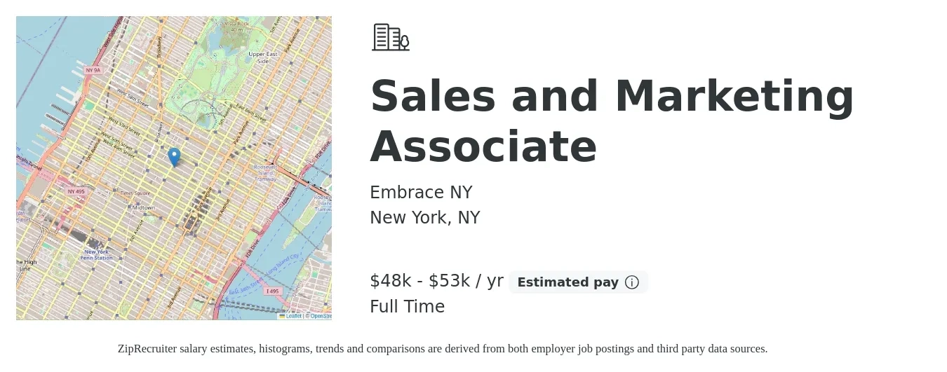Embrace NY job posting for a Sales and Marketing Associate in New York, NY with a salary of $48,000 to $53,000 Yearly with a map of New York location.