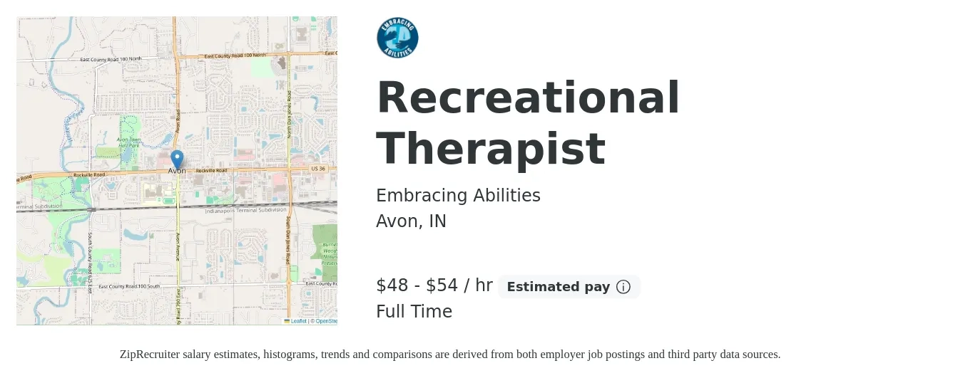 Embracing Abilities job posting for a Recreational Therapist in Avon, IN with a salary of $50 to $57 Hourly with a map of Avon location.