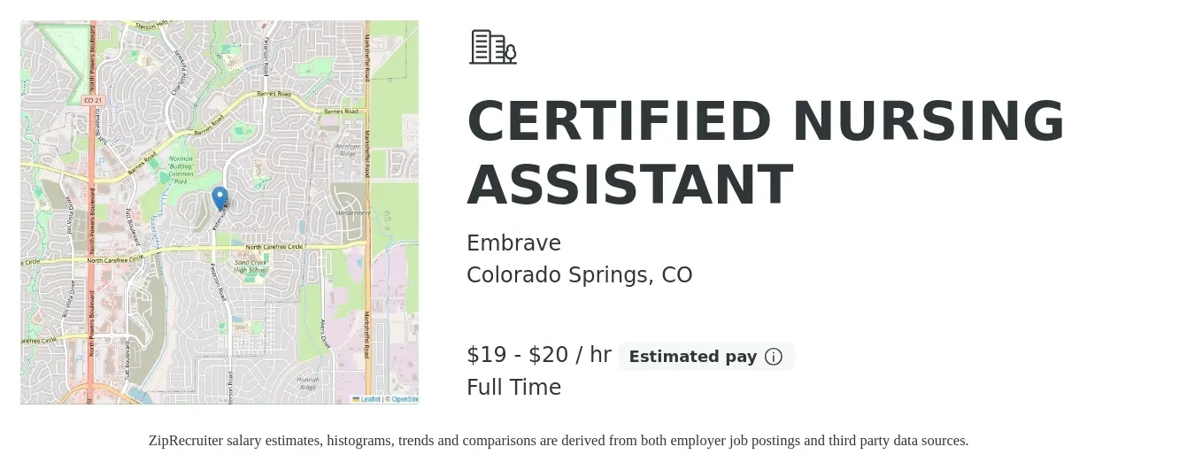 Embrave job posting for a CERTIFIED NURSING ASSISTANT in Colorado Springs, CO with a salary of $20 to $21 Hourly with a map of Colorado Springs location.