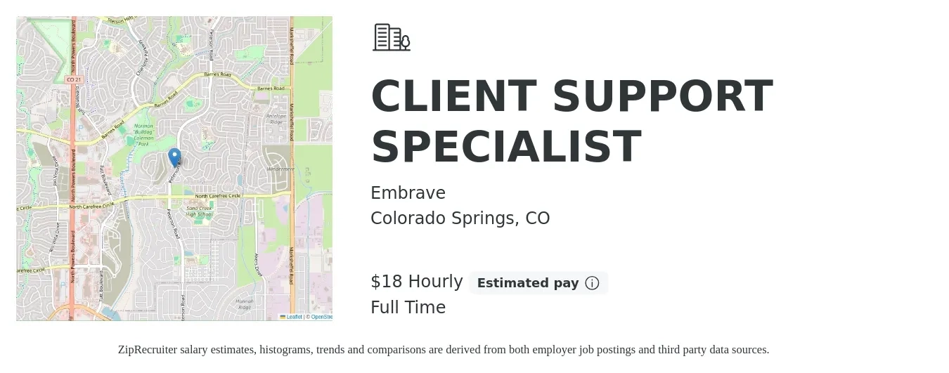 Embrave job posting for a CLIENT SUPPORT SPECIALIST in Colorado Springs, CO with a salary of $19 Hourly with a map of Colorado Springs location.