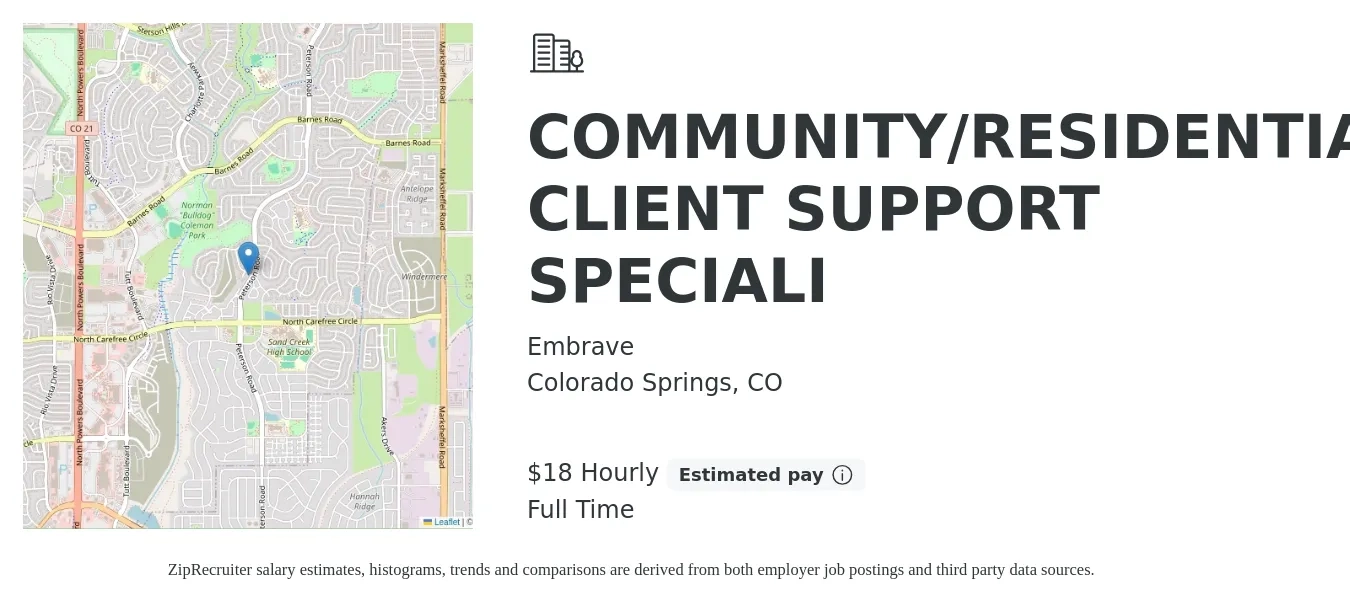 Embrave job posting for a COMMUNITY/RESIDENTIAL CLIENT SUPPORT SPECIALI in Colorado Springs, CO with a salary of $19 Hourly with a map of Colorado Springs location.