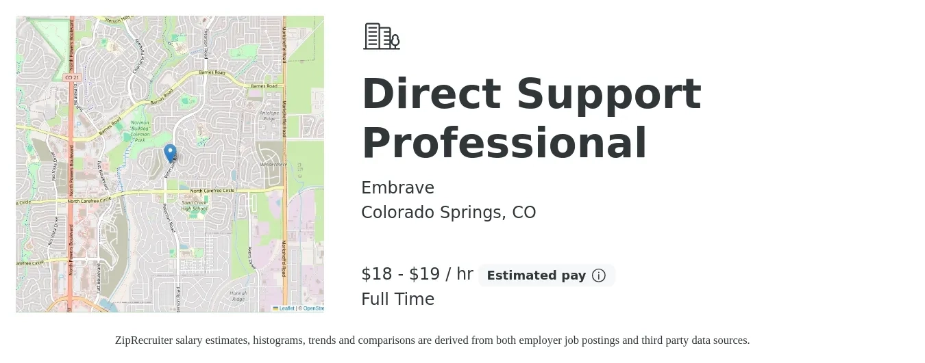 Embrave job posting for a Direct Support Professional in Colorado Springs, CO with a salary of $19 to $20 Hourly with a map of Colorado Springs location.