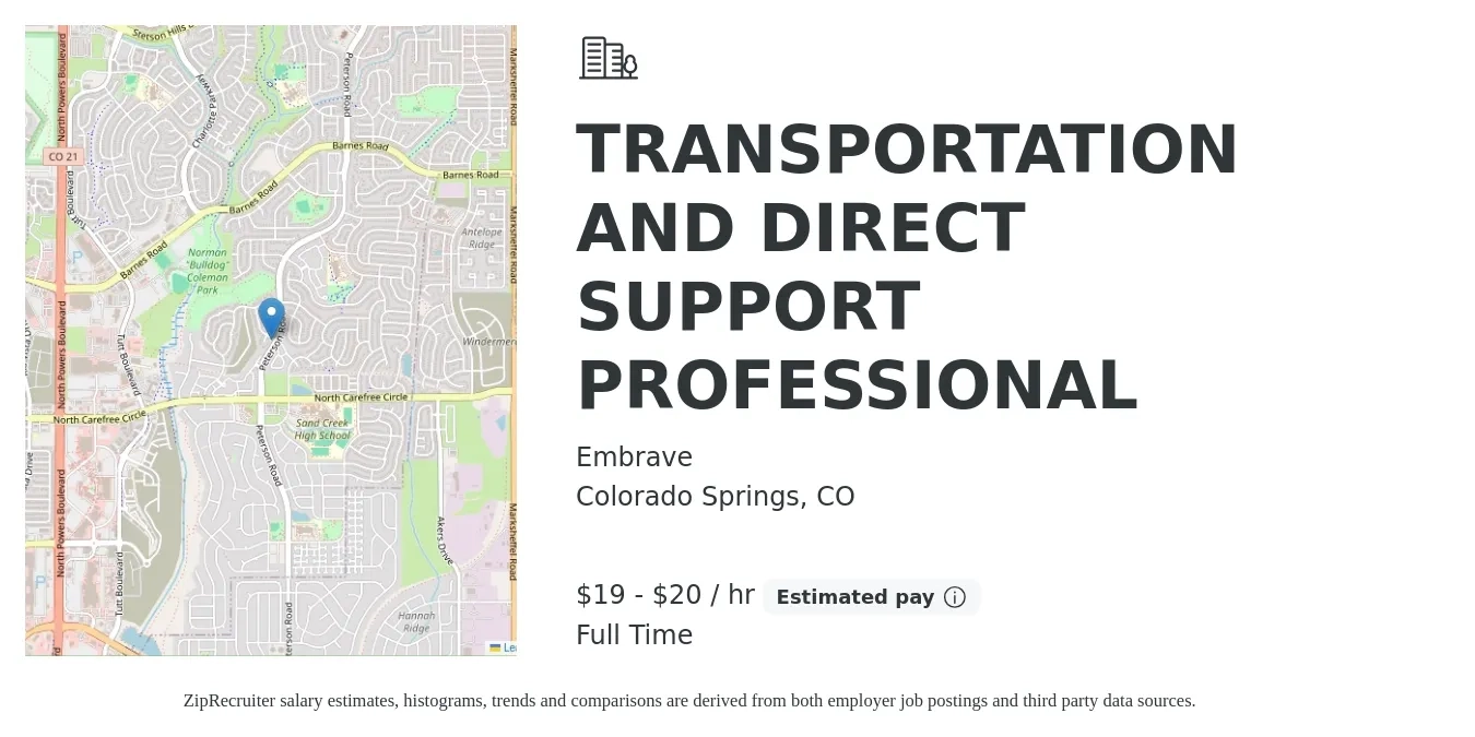 Embrave job posting for a TRANSPORTATION AND DIRECT SUPPORT PROFESSIONAL in Colorado Springs, CO with a salary of $20 to $21 Hourly with a map of Colorado Springs location.