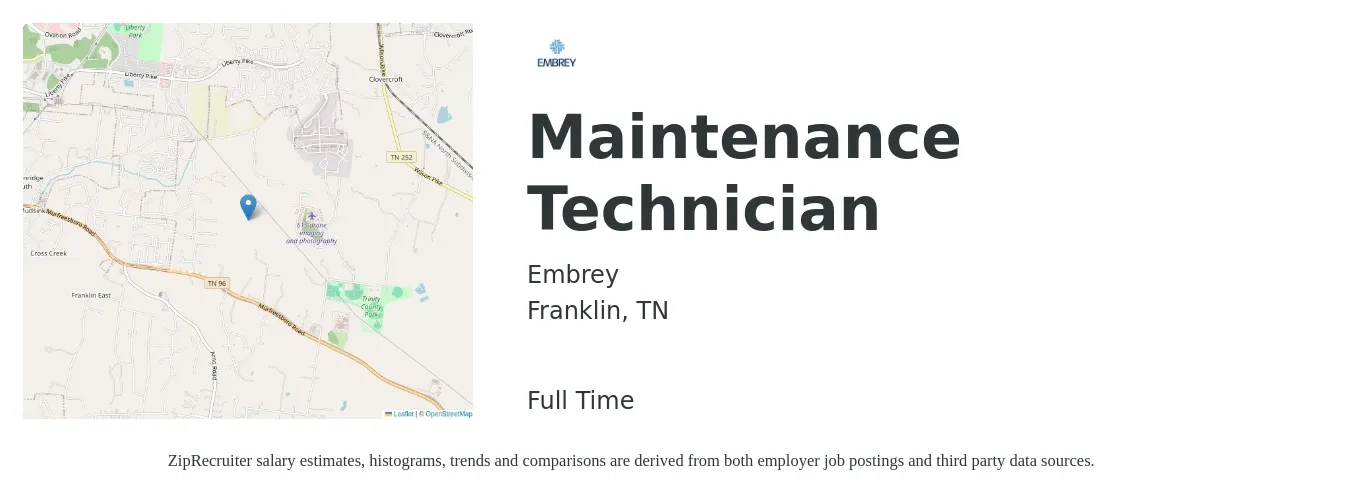 Embrey job posting for a Maintenance Technician in Franklin, TN with a salary of $19 to $26 Hourly with a map of Franklin location.
