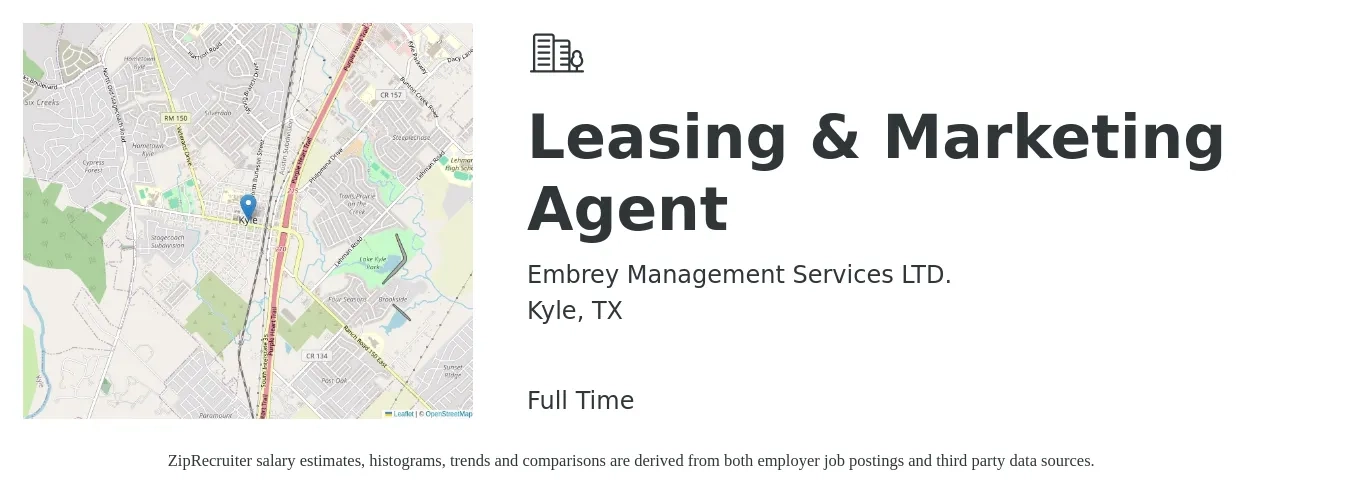 Embrey Management Services LTD. job posting for a Leasing & Marketing Agent in Kyle, TX with a salary of $16 to $19 Hourly with a map of Kyle location.