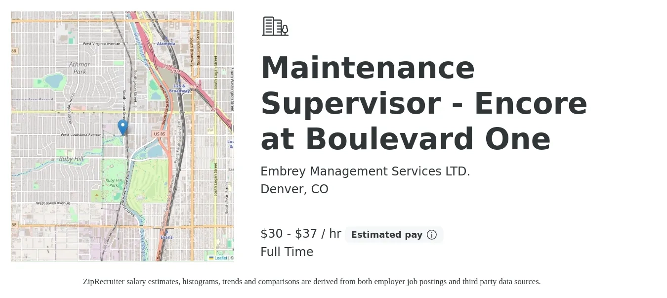 Embrey Management Services LTD. job posting for a Maintenance Supervisor - Encore at Boulevard One in Denver, CO with a salary of $32 to $39 Hourly with a map of Denver location.