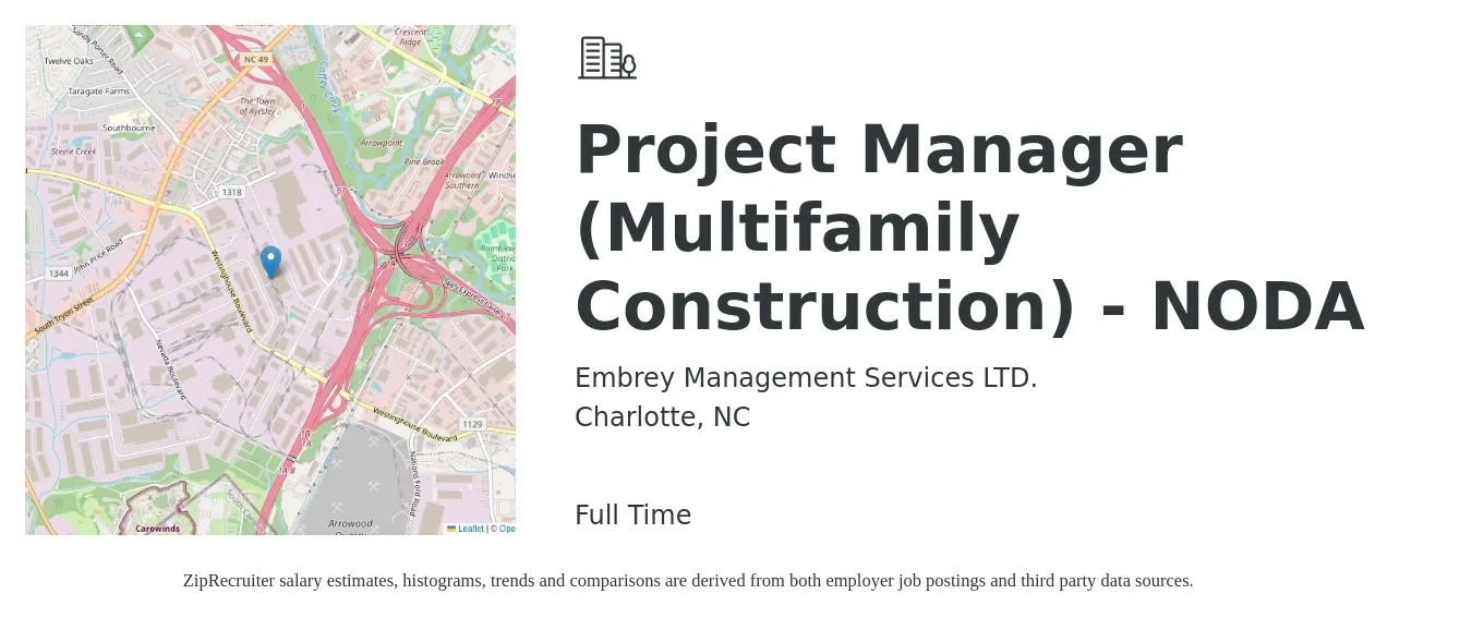 Embrey Management Services LTD. job posting for a Project Manager (Multifamily Construction) - NODA in Charlotte, NC with a salary of $73,100 to $116,000 Yearly with a map of Charlotte location.
