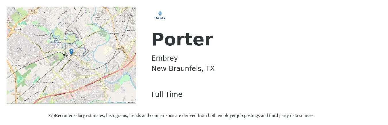 Embrey job posting for a Porter in New Braunfels, TX with a salary of $13 to $16 Hourly with a map of New Braunfels location.