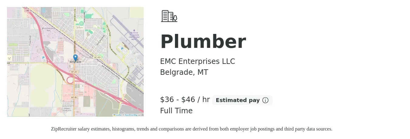 EMC Enterprises LLC job posting for a Plumber in Belgrade, MT with a salary of $38 to $48 Hourly with a map of Belgrade location.