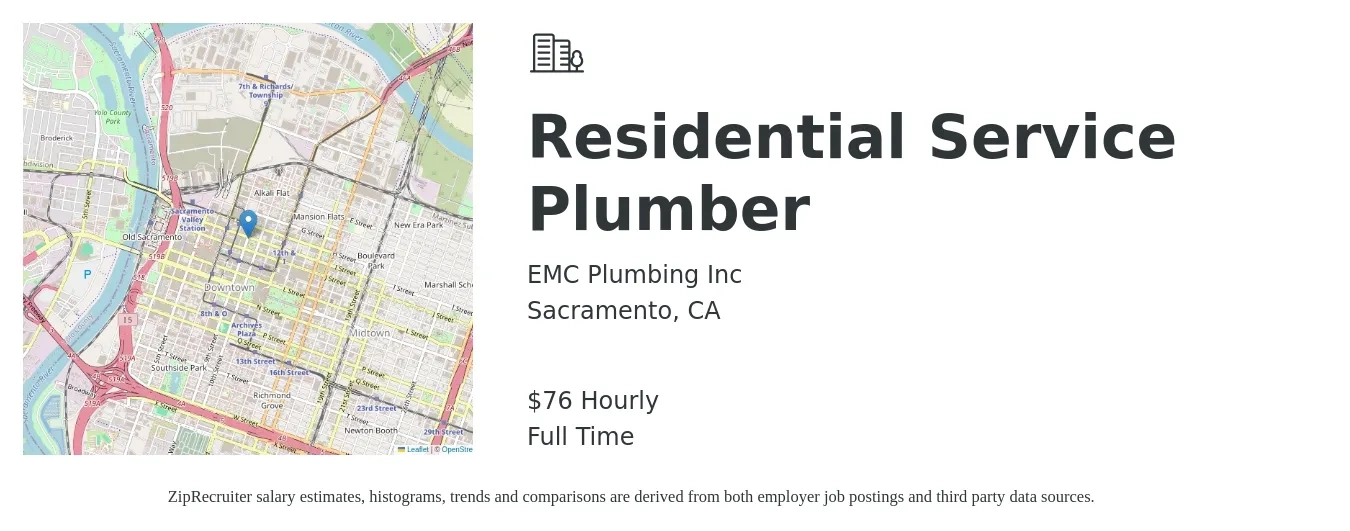 EMC Plumbing Inc job posting for a Residential Service Plumber in Sacramento, CA with a salary of $28 to $43 Hourly with a map of Sacramento location.