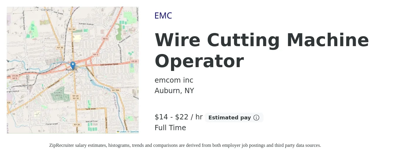 emcom inc job posting for a Wire Cutting Machine Operator in Auburn, NY with a salary of $15 to $23 Hourly with a map of Auburn location.