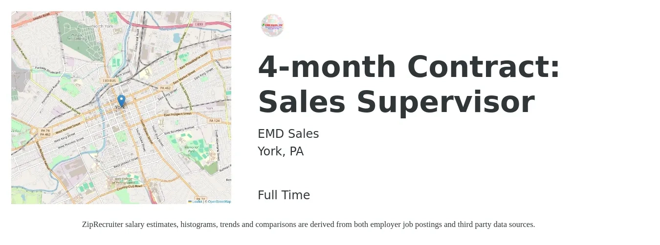 EMD Sales job posting for a 4-month Contract: Sales Supervisor in York, PA with a salary of $1,923 Weekly with a map of York location.