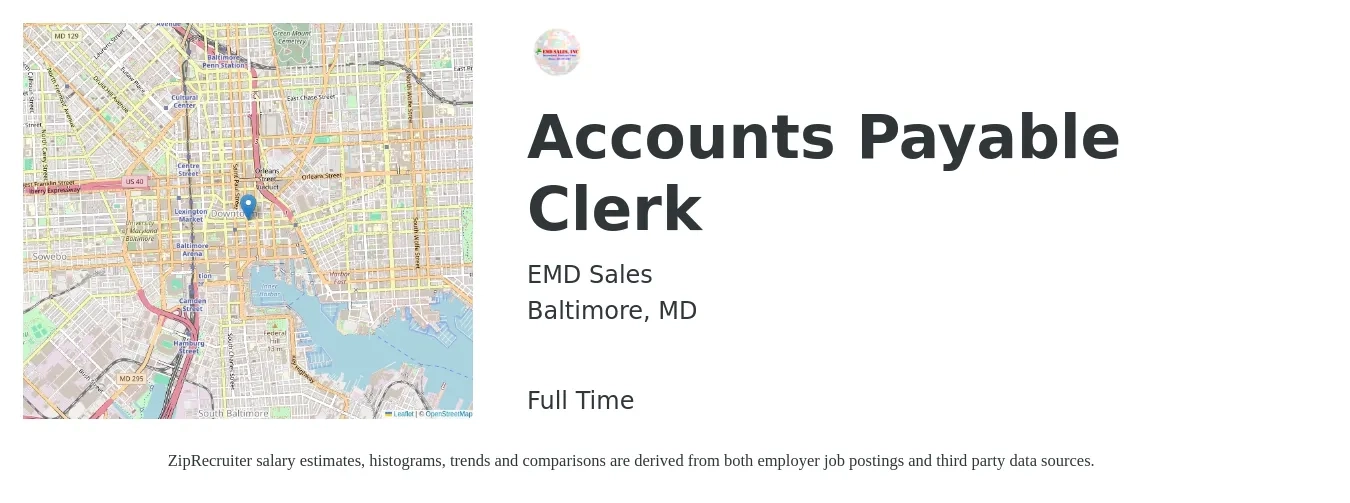 EMD Sales Inc job posting for a Accounts Payable Clerk in Baltimore, MD with a salary of $19 to $24 Hourly with a map of Baltimore location.
