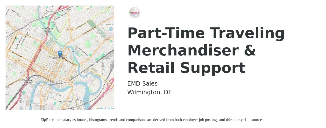 EMD Sales job posting for a Part-Time Traveling Merchandiser & Retail Support in Wilmington, DE with a salary of $18 Hourly with a map of Wilmington location.