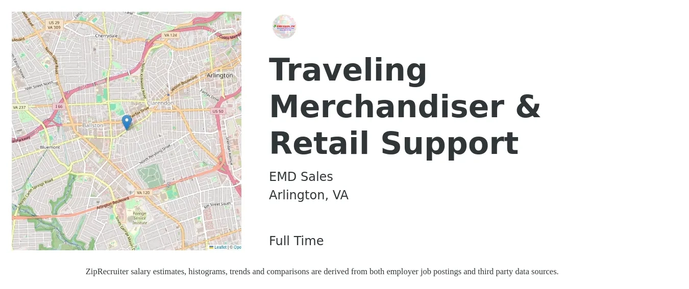 EMD Sales job posting for a Traveling Merchandiser & Retail Support in Arlington, VA with a salary of $18 Hourly with a map of Arlington location.