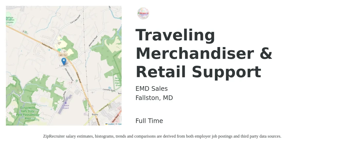 EMD Sales job posting for a Traveling Merchandiser & Retail Support in Fallston, MD with a salary of $18 Hourly with a map of Fallston location.