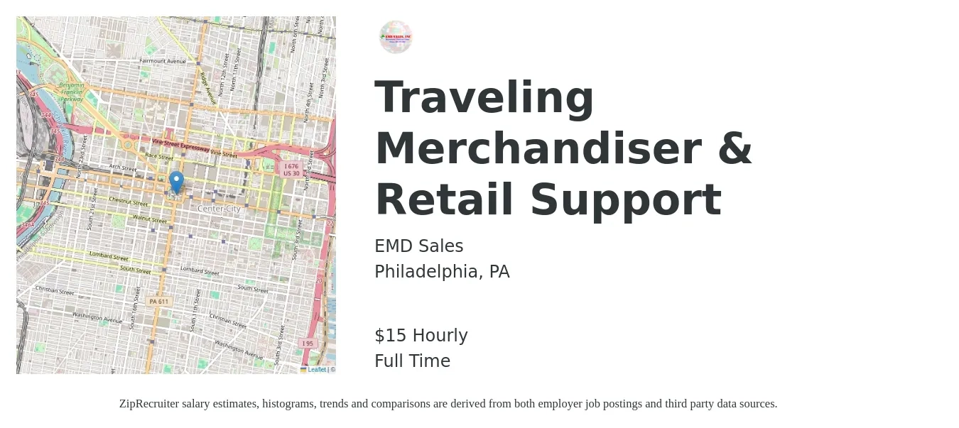 EMD Sales job posting for a Traveling Merchandiser & Retail Support in Philadelphia, PA with a salary of $16 Hourly with a map of Philadelphia location.