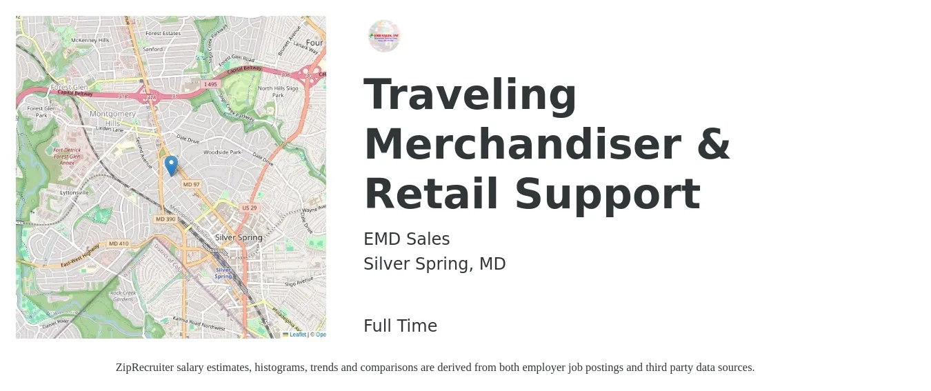 EMD Sales job posting for a Traveling Merchandiser & Retail Support in Silver Spring, MD with a salary of $18 Hourly with a map of Silver Spring location.