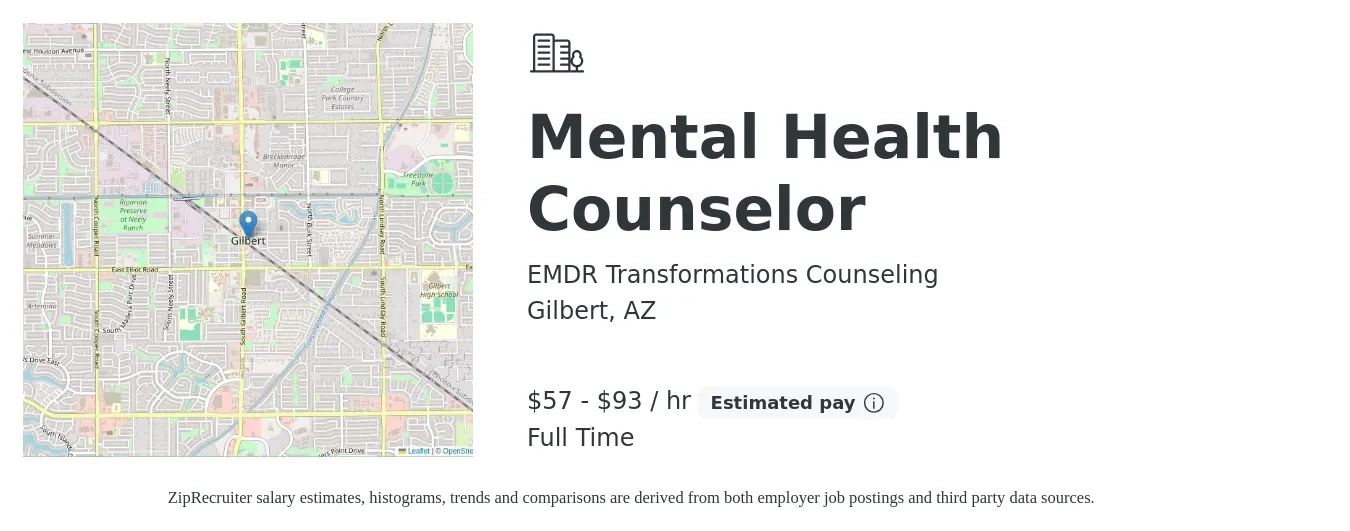 EMDR Transformations Counseling job posting for a Mental Health Counselor in Gilbert, AZ with a salary of $60 to $97 Hourly with a map of Gilbert location.