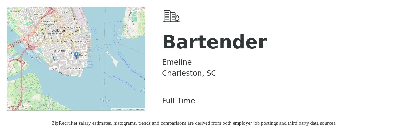 Emeline job posting for a Bartender in Charleston, SC with a salary of $9 to $18 Hourly with a map of Charleston location.