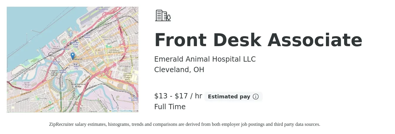 Emerald Animal Hospital LLC job posting for a Front Desk Associate in Cleveland, OH with a salary of $14 to $18 Hourly with a map of Cleveland location.