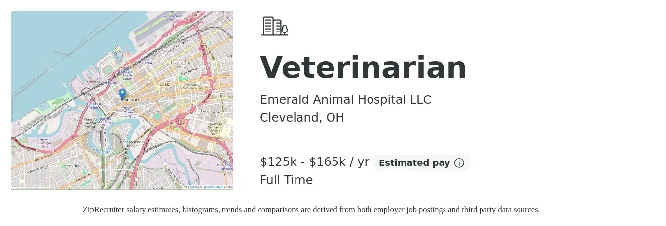 Emerald Animal Hospital LLC job posting for a Veterinarian in Cleveland, OH with a salary of $125,000 to $165,000 Yearly with a map of Cleveland location.