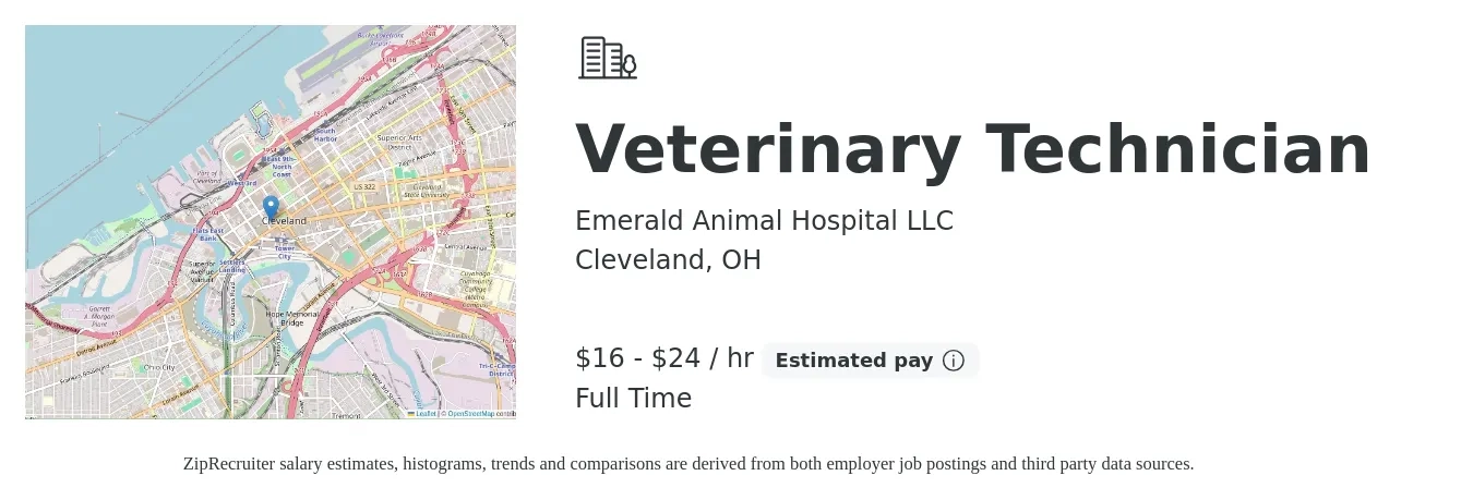 Emerald Animal Hospital LLC job posting for a Veterinary Technician in Cleveland, OH with a salary of $17 to $25 Hourly with a map of Cleveland location.
