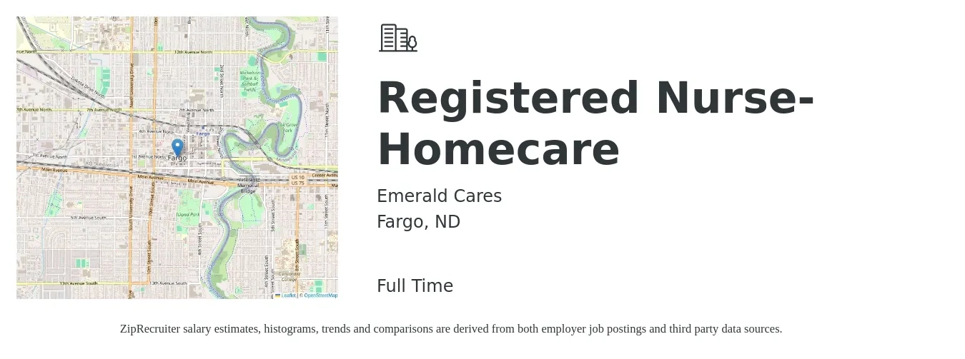 Emerald Cares job posting for a Registered Nurse- Homecare in Fargo, ND with a salary of $32 to $51 Hourly with a map of Fargo location.