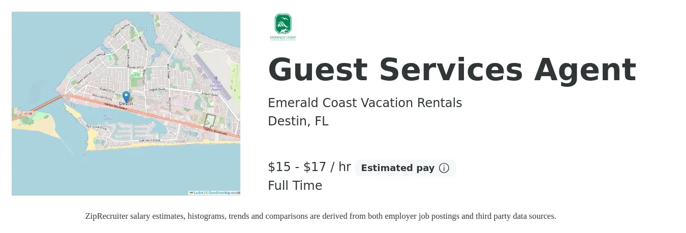 Emerald Coast Vacation Rentals job posting for a Guest Services Agent in Destin, FL with a salary of $15 to $18 Hourly with a map of Destin location.