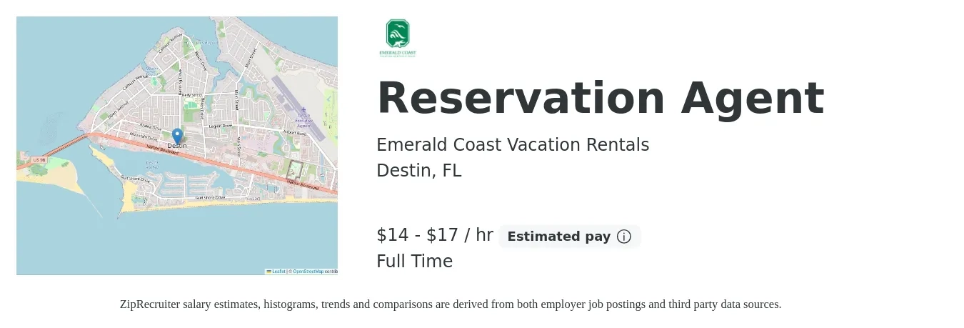 Emerald Coast Vacation Rentals job posting for a Reservation Agent in Destin, FL with a salary of $15 to $18 Hourly with a map of Destin location.