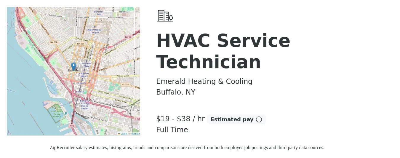 Emerald Heating & Cooling job posting for a HVAC Service Technician in Buffalo, NY with a salary of $20 to $40 Hourly with a map of Buffalo location.