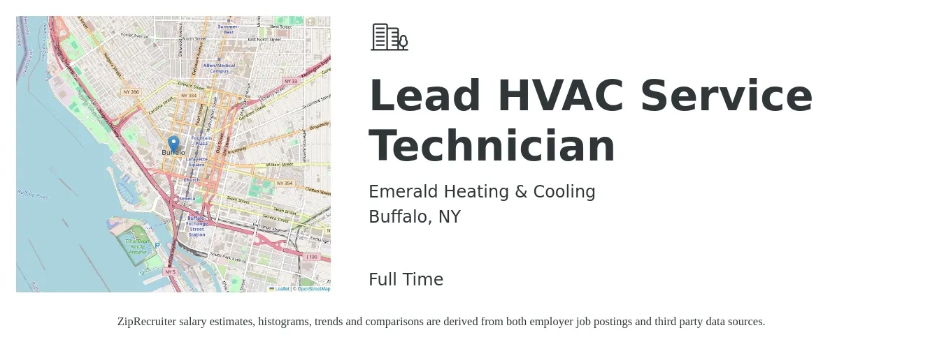 Emerald Heating & Cooling job posting for a Lead HVAC Service Technician in Buffalo, NY with a salary of $24 to $34 Hourly with a map of Buffalo location.