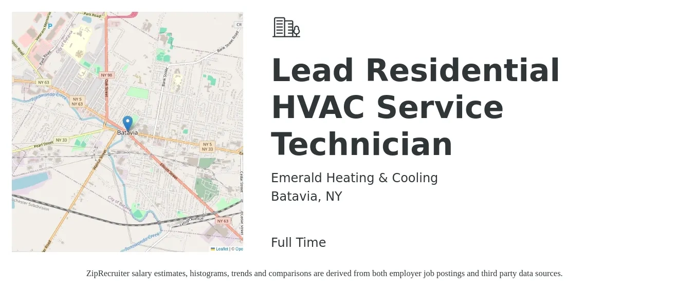 Emerald Heating & Cooling job posting for a Lead Residential HVAC Service Technician in Batavia, NY with a salary of $25 to $43 Hourly with a map of Batavia location.