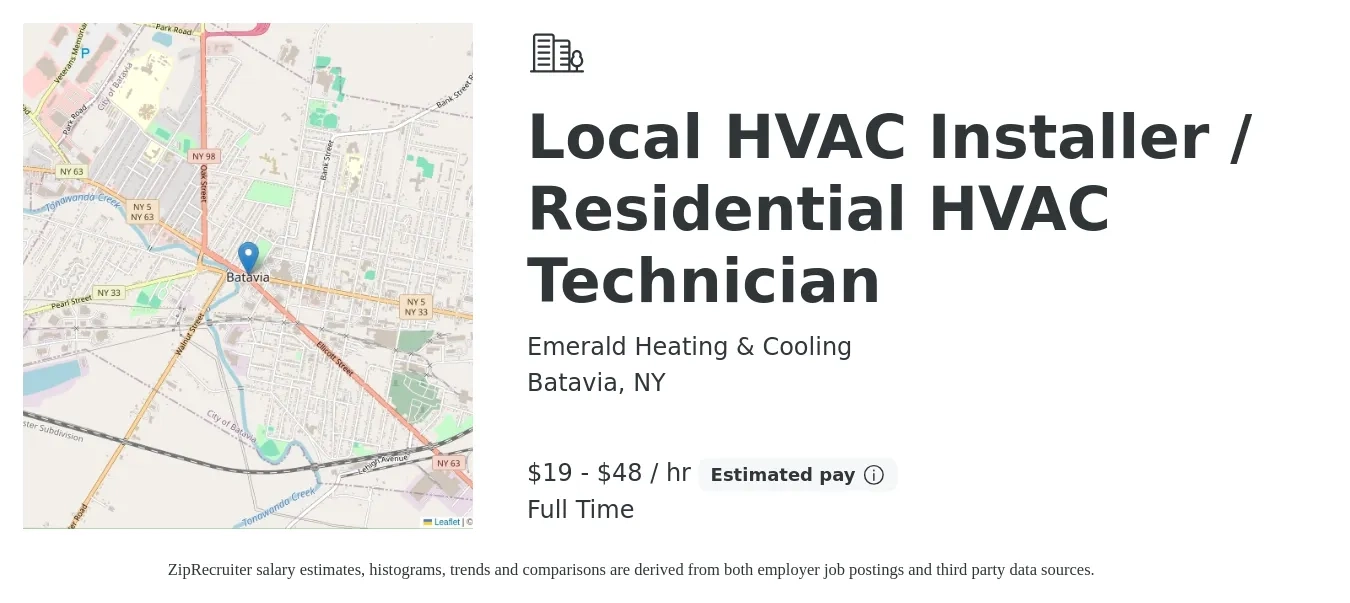 Emerald Heating & Cooling job posting for a Local HVAC Installer / Residential HVAC Technician in Batavia, NY with a salary of $20 to $50 Hourly with a map of Batavia location.